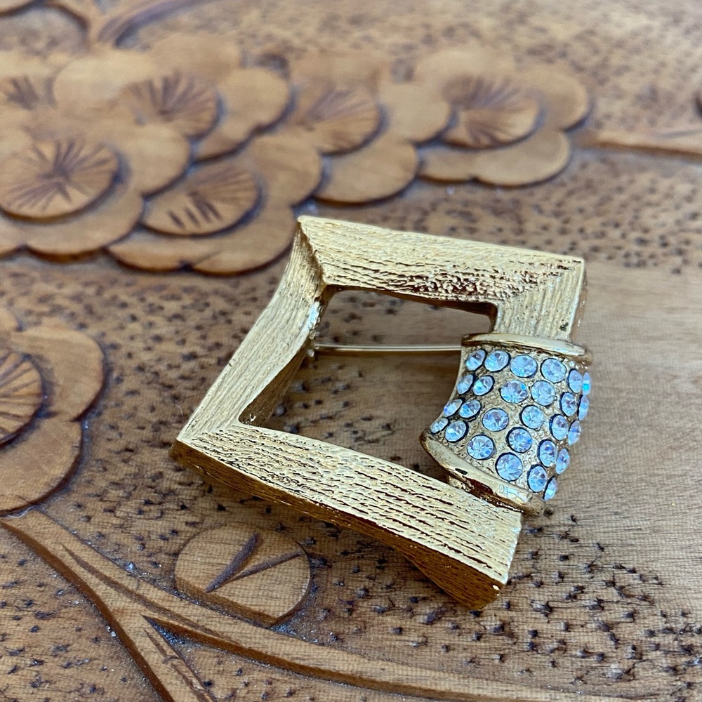 YSL Vintage Abstract Square Gold-tone and Rhinestone Brooch